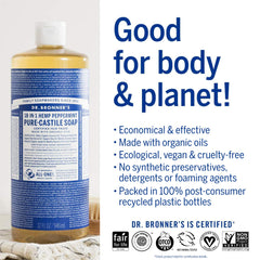 Dr. Bronner's Peppermint Castile soap bubbles close-up highlighting concentrated formula for multiple uses.