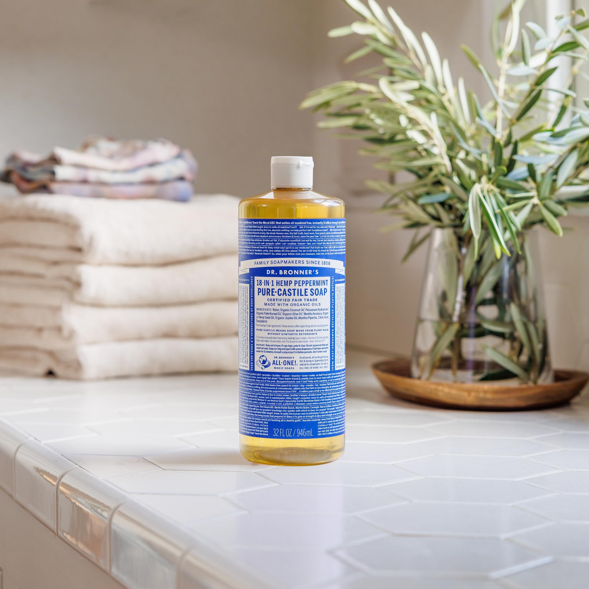 Dr. Bronner's Pure-Castile Peppermint label emphasizes organic oils and fair-trade ingredients.