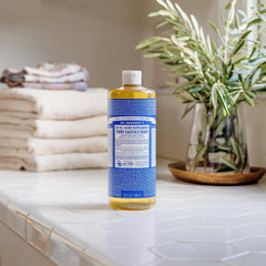 Dr. Bronner's Pure-Castile Peppermint label emphasizes organic oils and fair-trade ingredients.