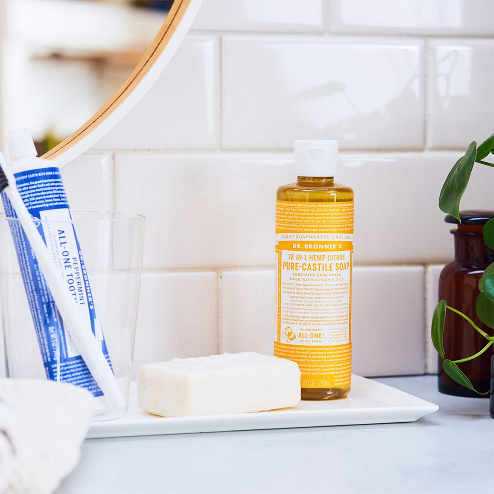 Dr. Bronner's Citrus bottle with pump for quick-dilute cleaning