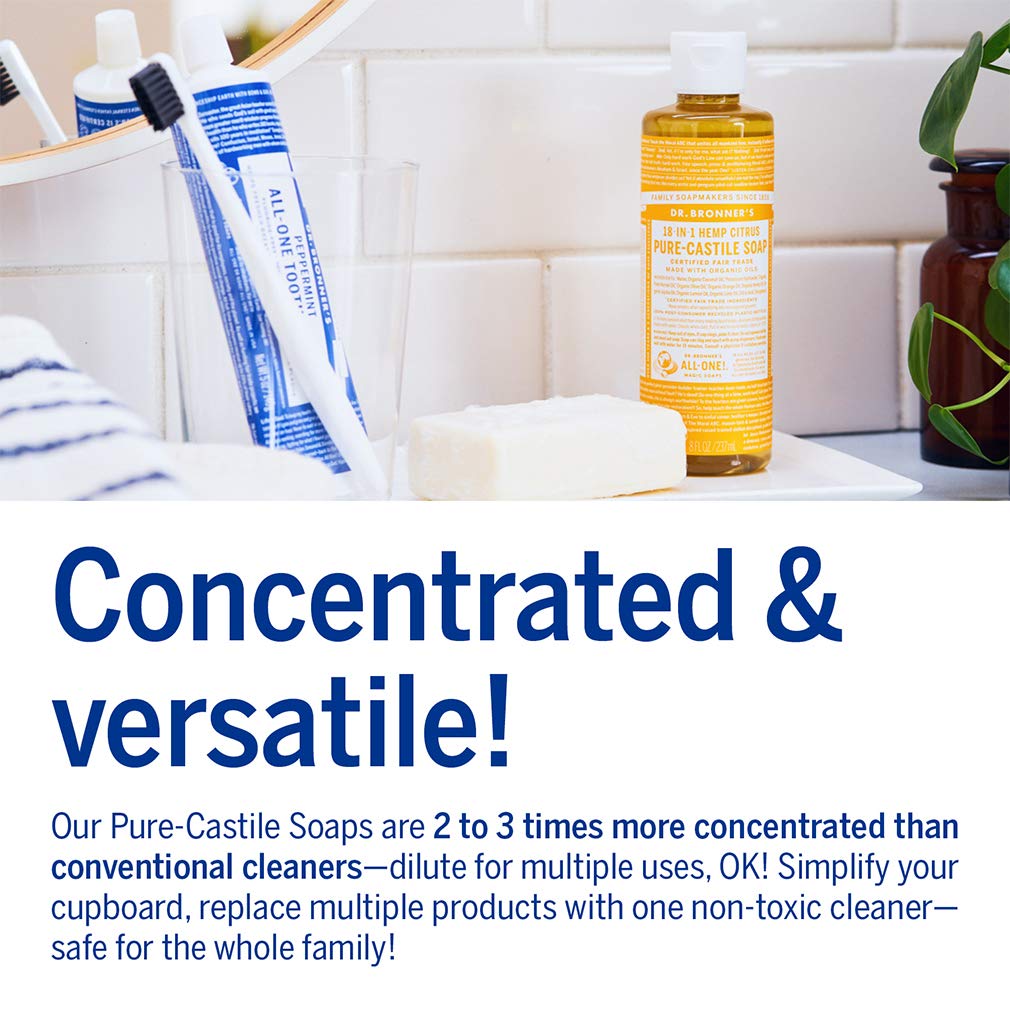 Dr. Bronner's Citrus soap in kitchen suggests eco-friendly dish care