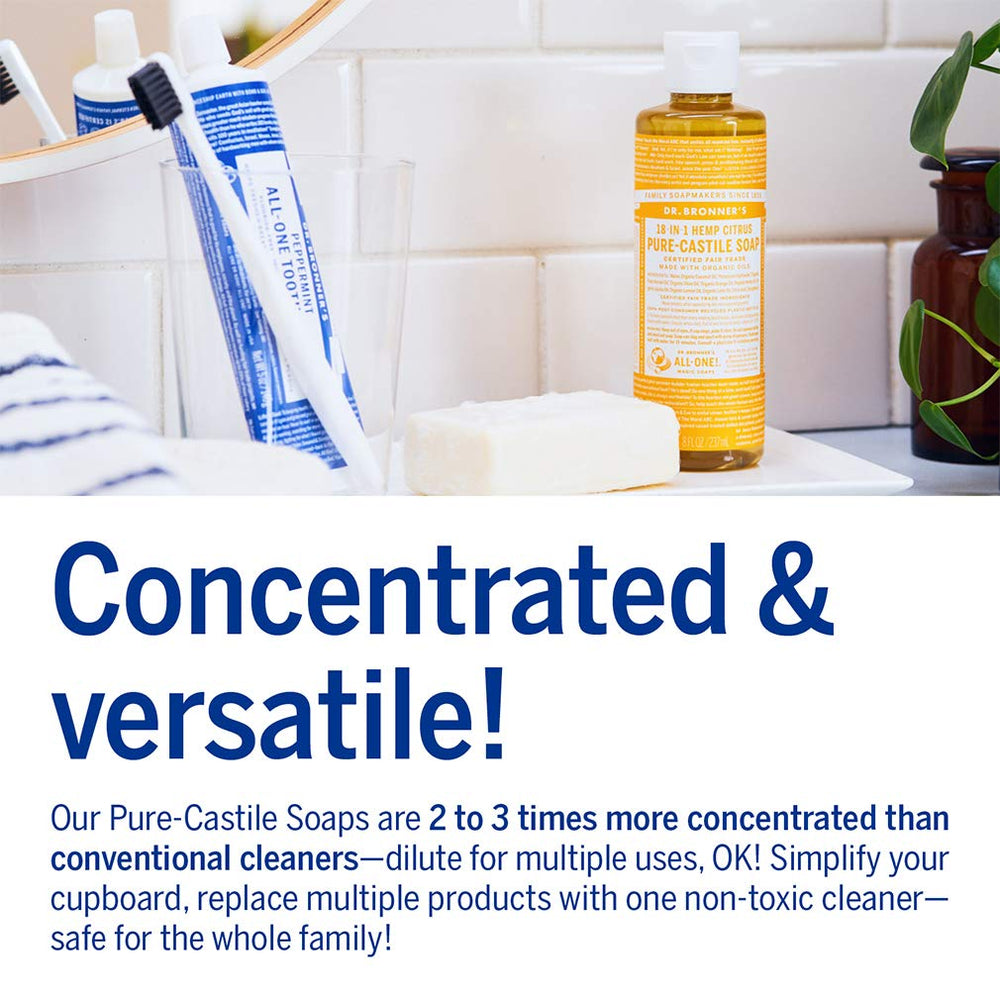 Dr. Bronner's Citrus soap in kitchen suggests eco-friendly dish care