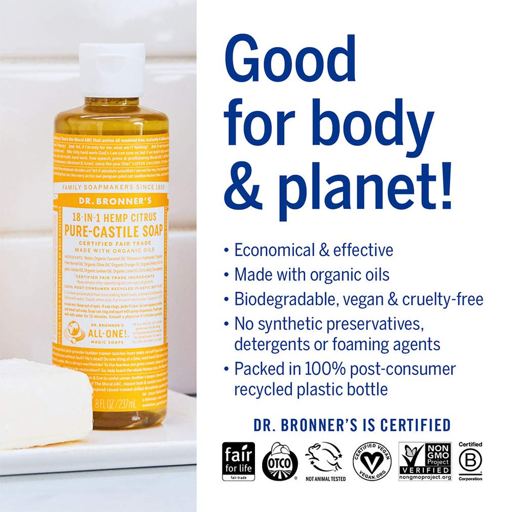 Dr. Bronner's Citrus lather close-up highlighting versatile uses
