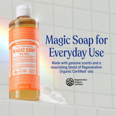 Dr. Bronner's Pure-Castile Tea Tree bottle highlights versatile uses.