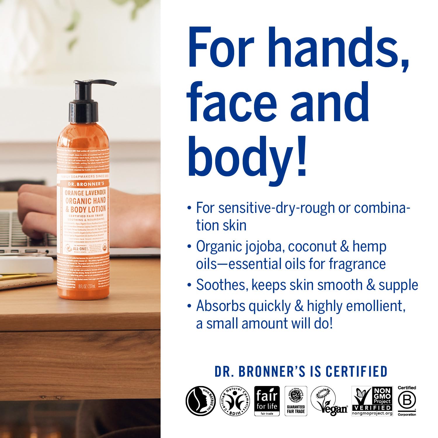 Dr. Bronner's recycled packaging emphasizes sustainability with a recycled bottle