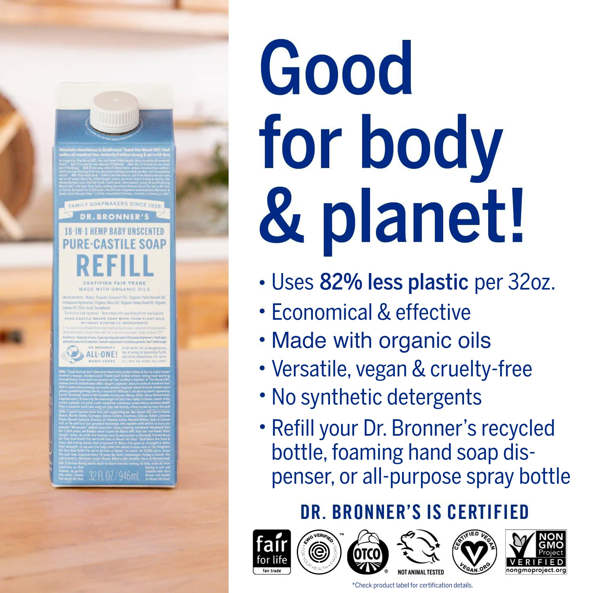 Dr. Bronner's regenerative organic certified logos highlight ethical sourcing.