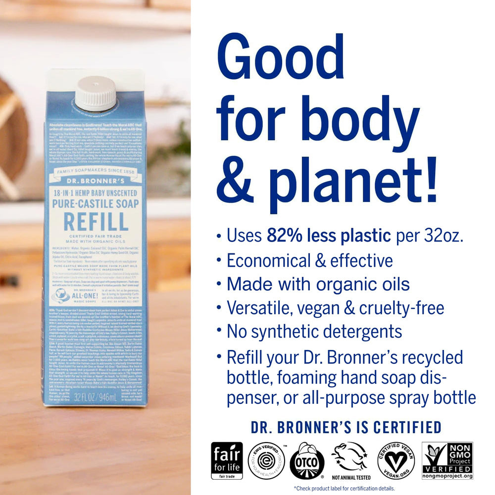 Dr. Bronner's regenerative organic certified logos highlight ethical sourcing.