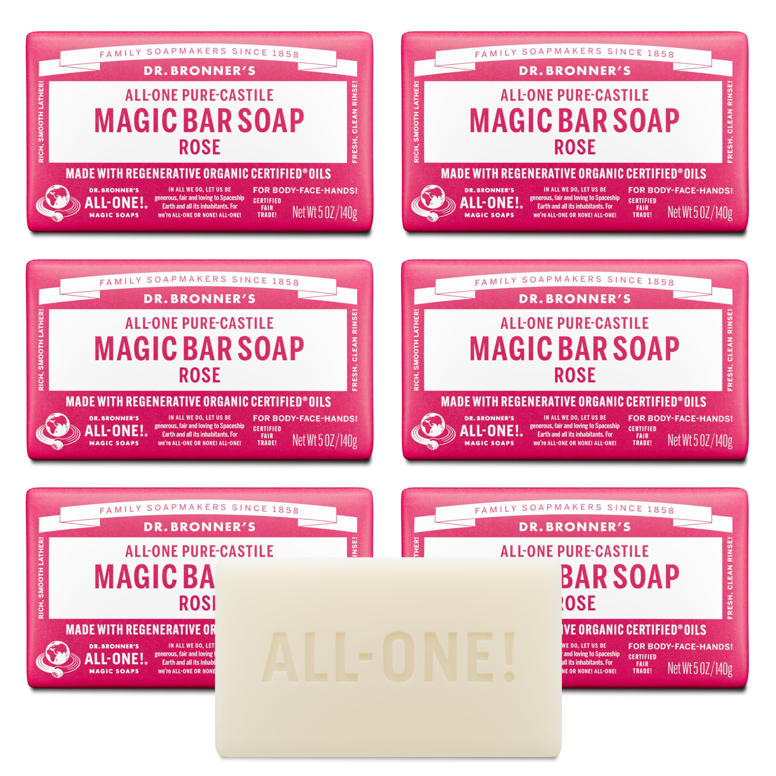 Dr. Bronner's Rose Castile Bar six-pack front view for versatile daily cleansing