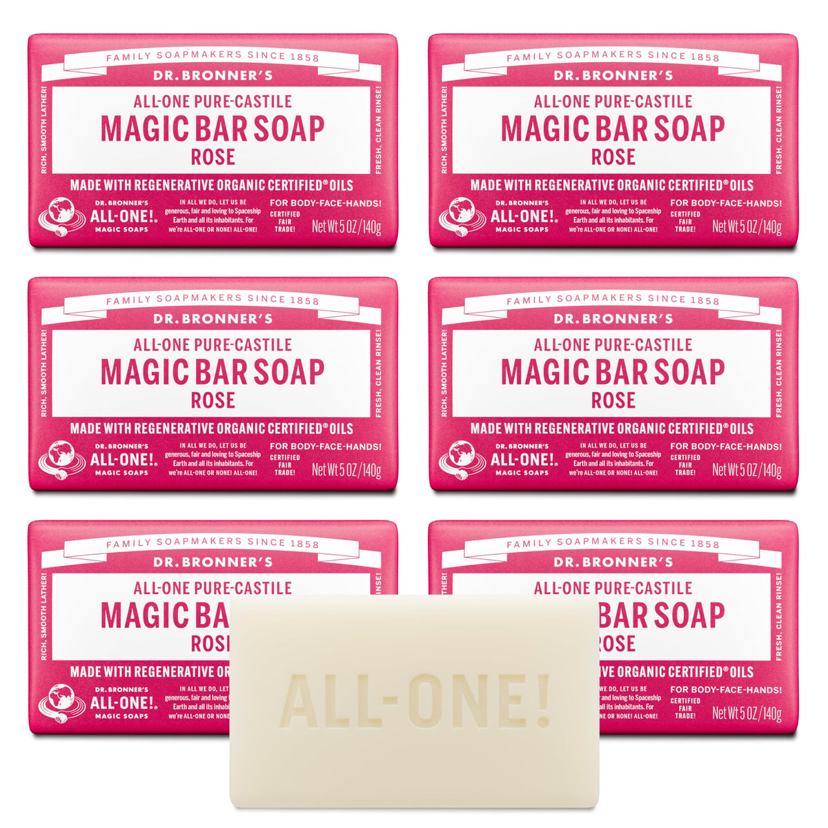 Dr. Bronner's Rose Castile Bar six-pack front view for versatile daily cleansing