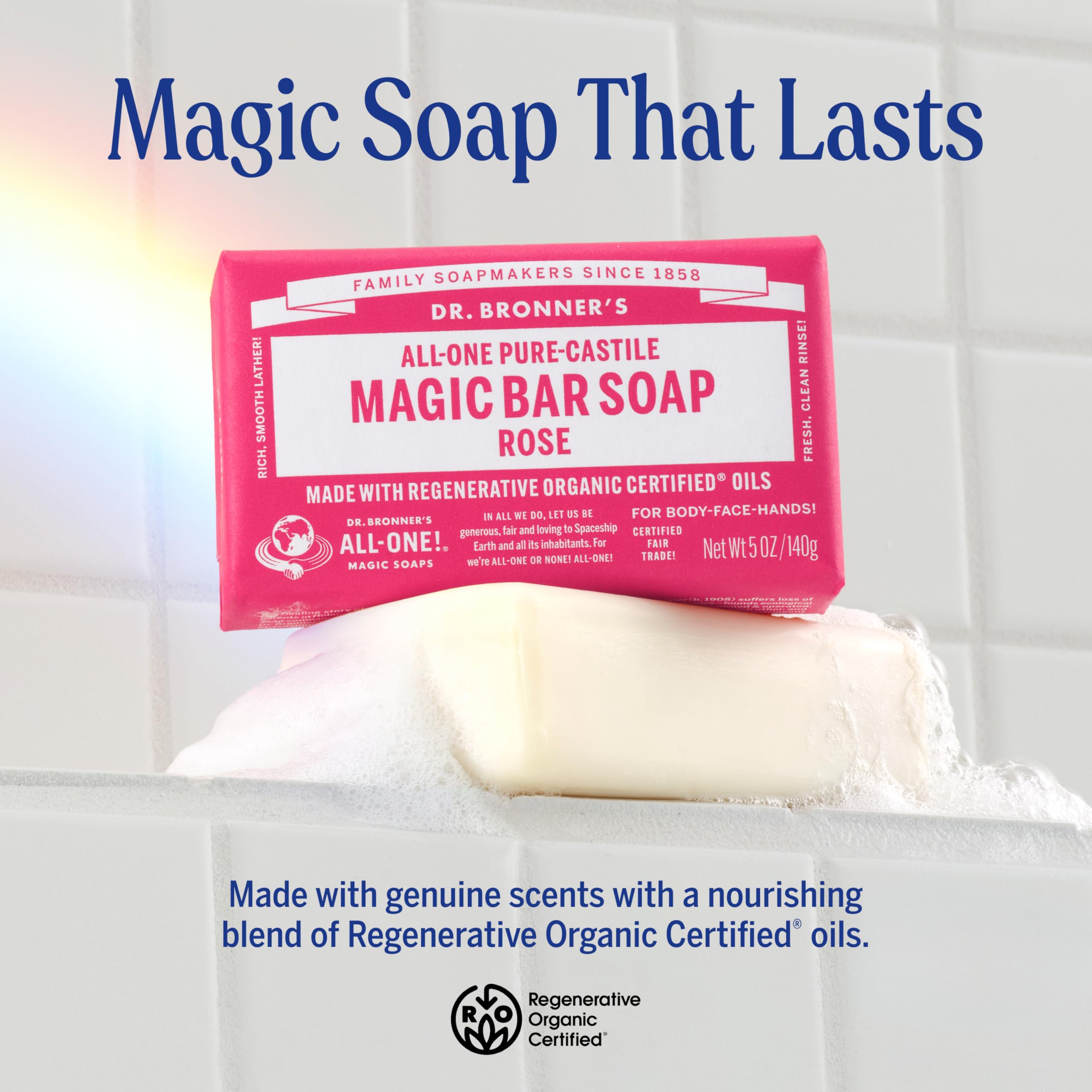 Dr. Bronner's Rose Castile Bar lather-angle shows rich foam for body and face