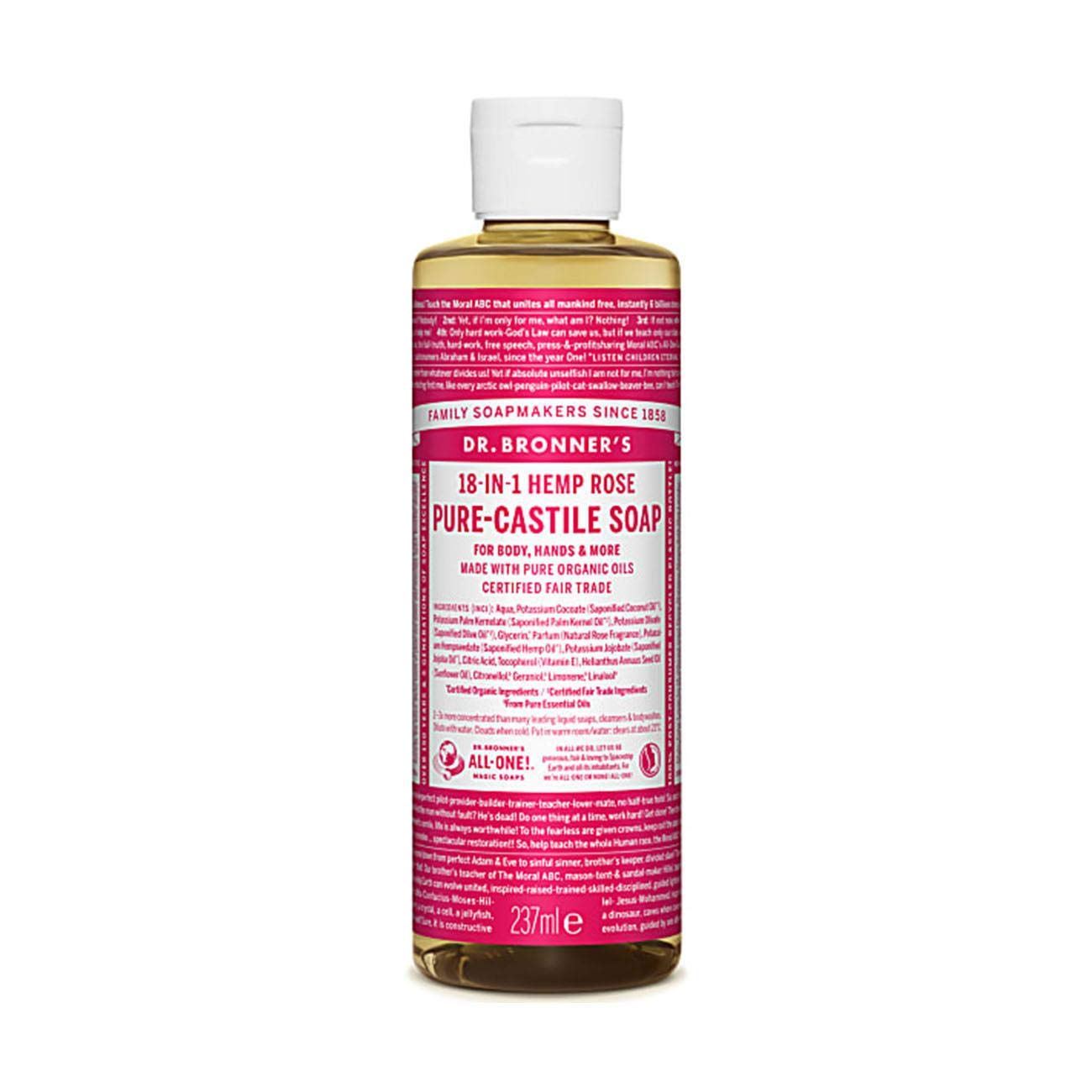 Dr Bronner's Rose Castile Soap bottle-pour—gentle, versatile daily cleansing.