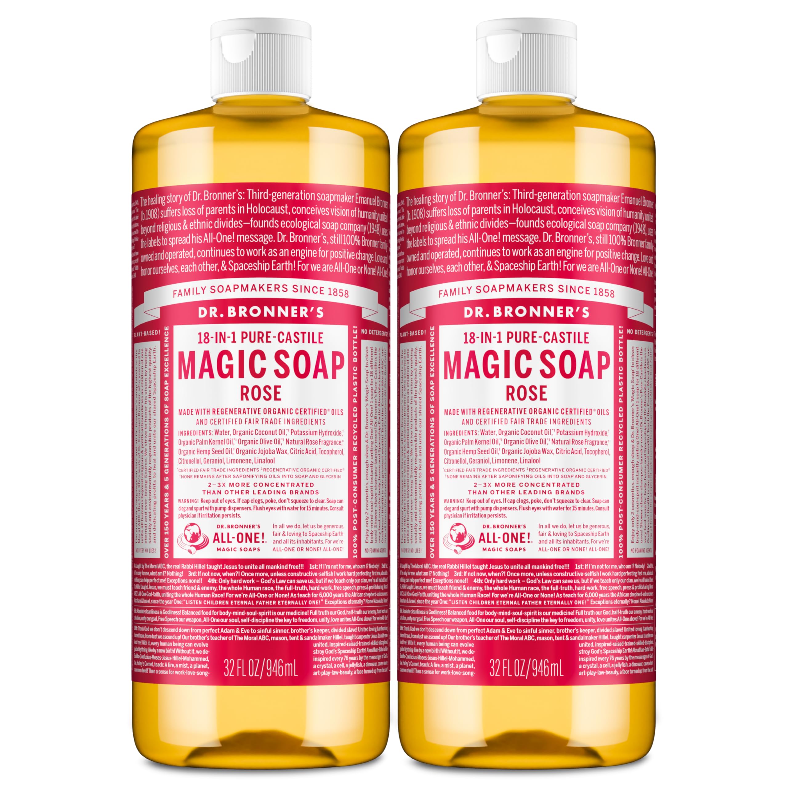 Dr. Bronner's Rose Castile Bottle—gentle, versatile cleanser for skin and surfaces.