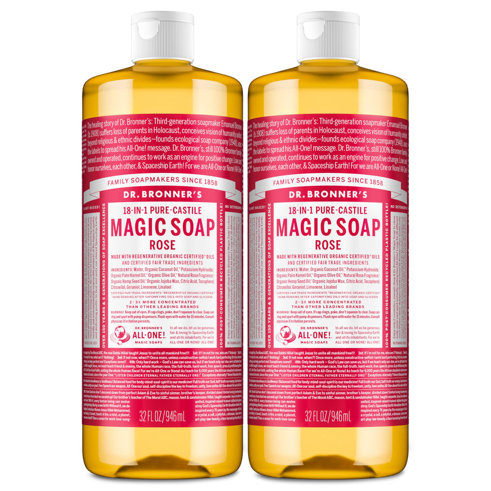 Dr. Bronner's Rose Castile Bottle—gentle, versatile cleanser for skin and surfaces.