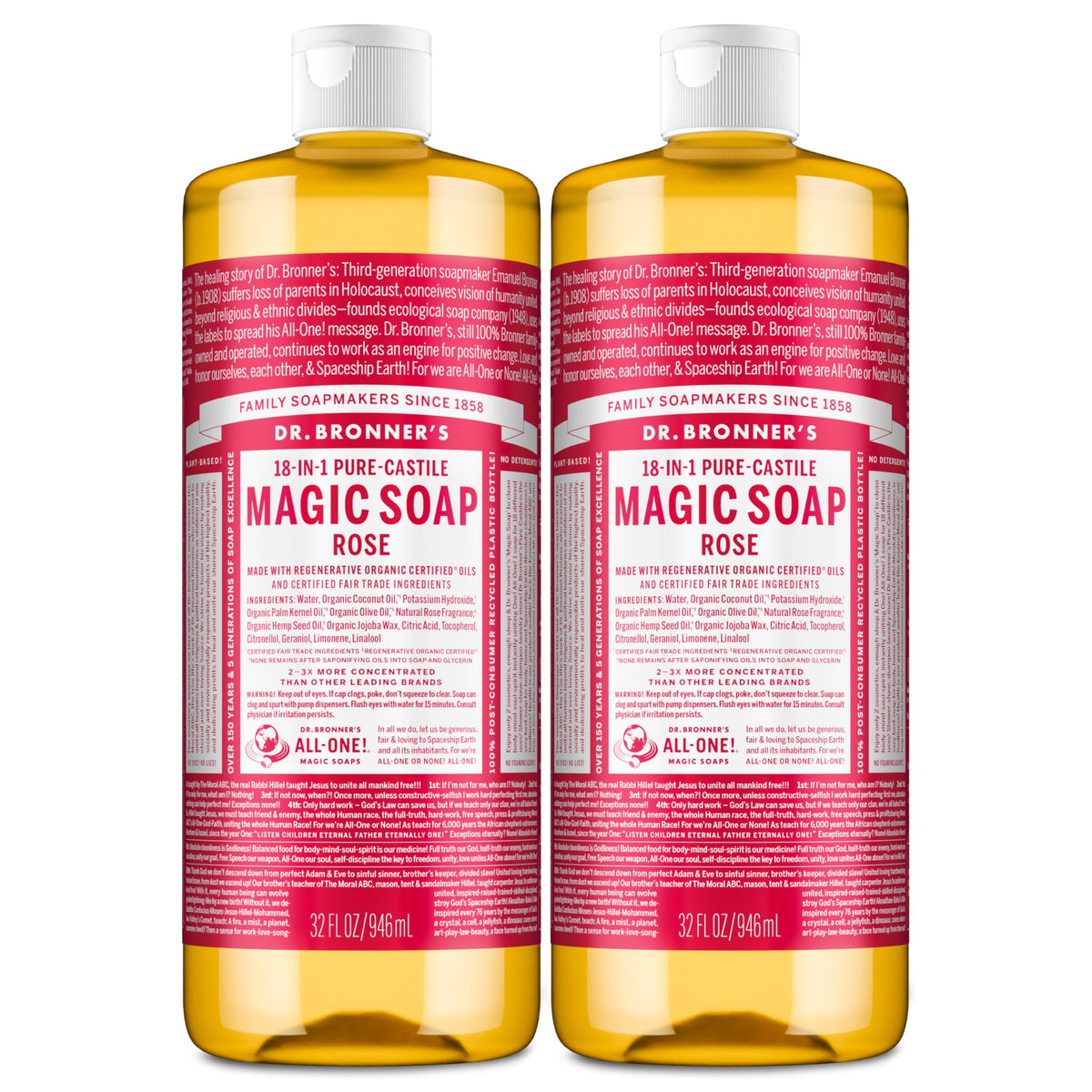 Dr. Bronner's Rose Castile Bottle—gentle, versatile cleanser for skin and surfaces.