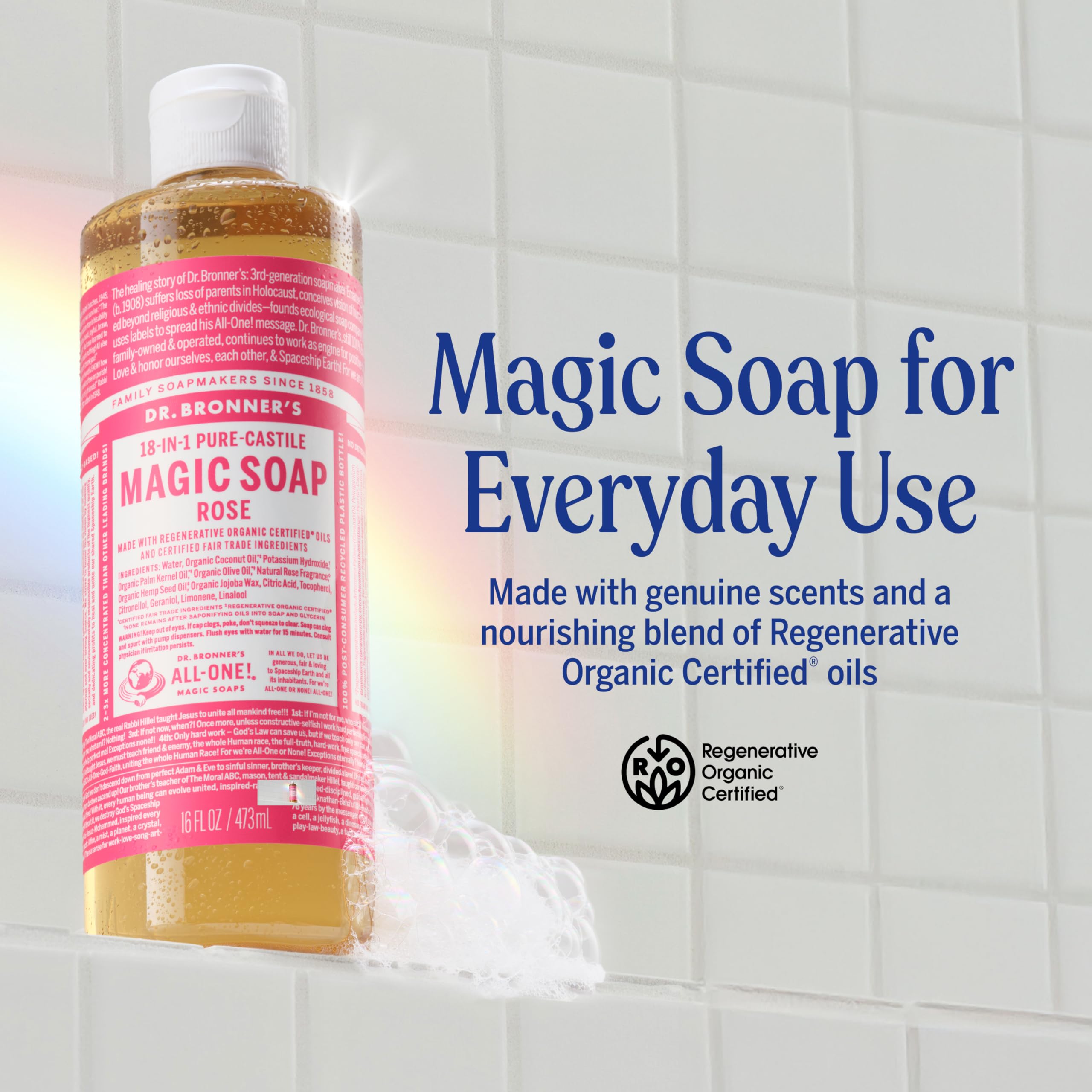 Dr. Bronner's Rose Castile Lather Close-Up—rich suds for daily cleansing.