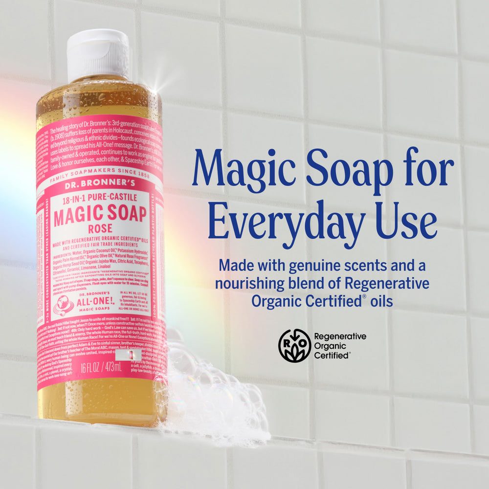 Dr. Bronner's Rose Castile Lather Close-Up—rich suds for daily cleansing.