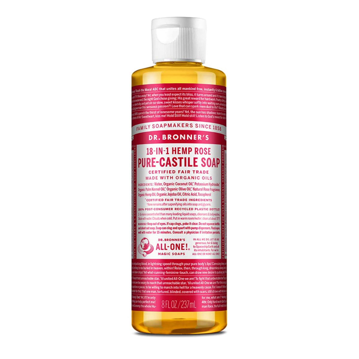 Dr. Bronner's Rose Castile Soap bottle with rose scent for versatile cleaning.