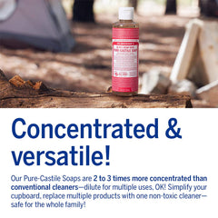 Dr. Bronner's Rose Castile Soap bottle pouring shows concentrated formula for dilution.