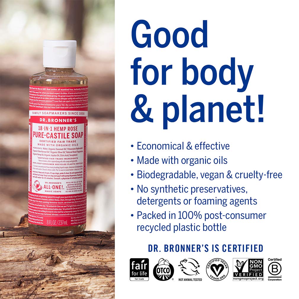 Dr. Bronner's Rose Castile Soap packaging emphasizes recycled materials and fair trade sourcing.