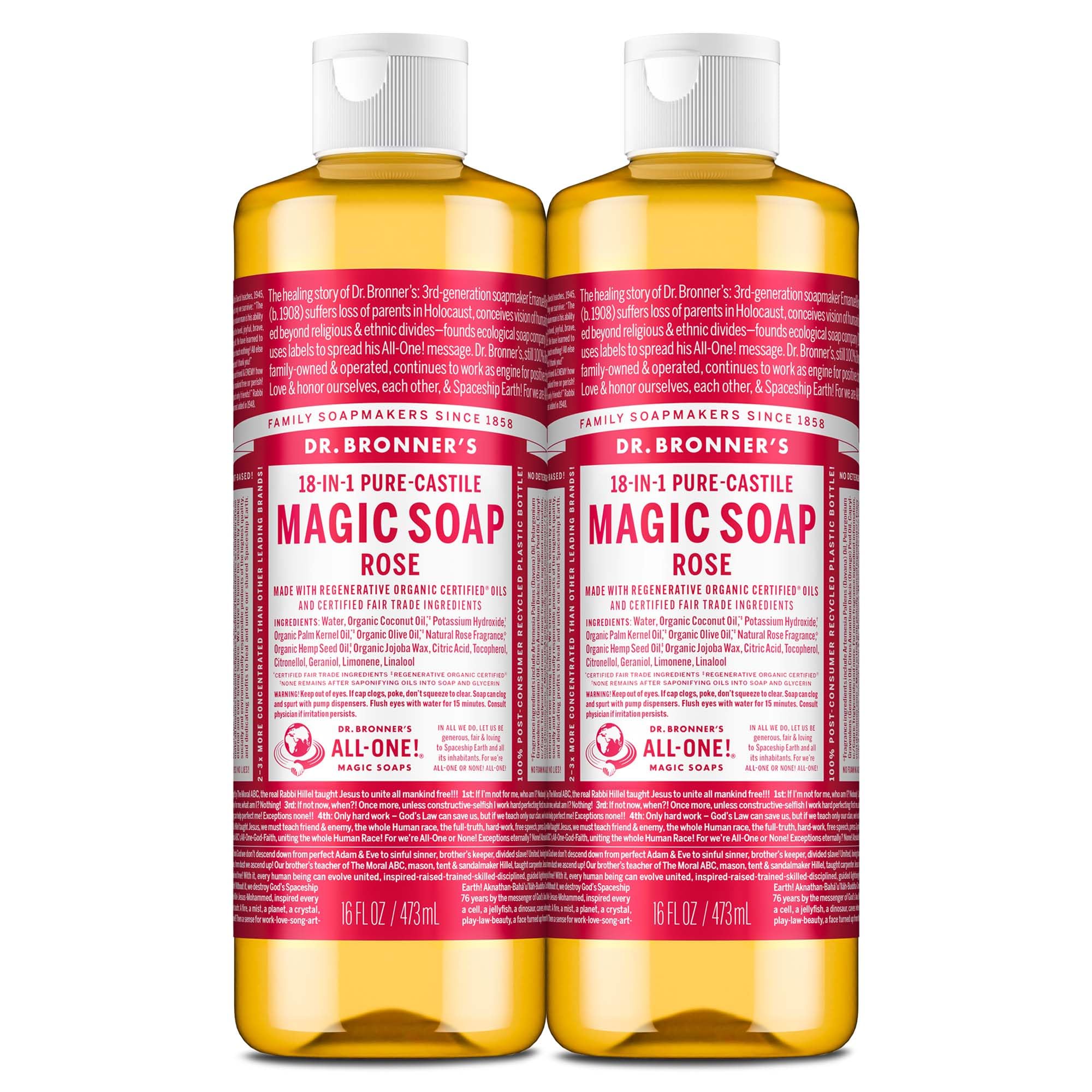 Dr. Bronner’s Rose Pure-Castile bottle showcases rich lather for skin and laundry uses.