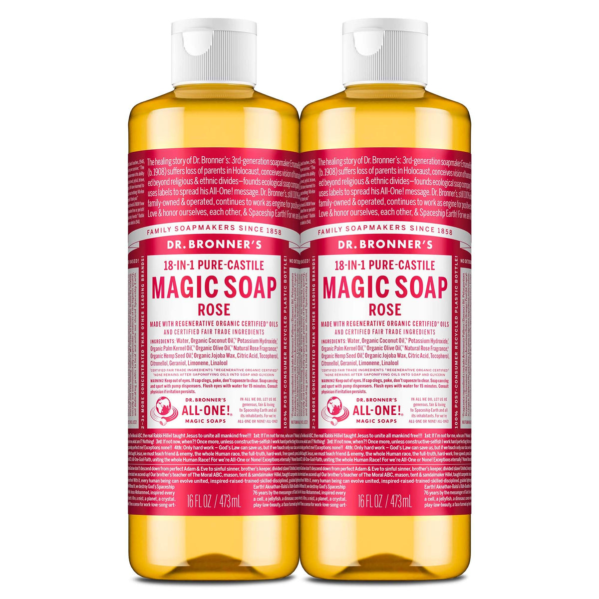 Dr. Bronner’s Rose Pure-Castile bottle showcases rich lather for skin and laundry uses.