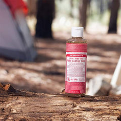 Dr. Bronner’s Rose Pure-Castile lather close-up emphasizes premium oils and gentle cleanse.