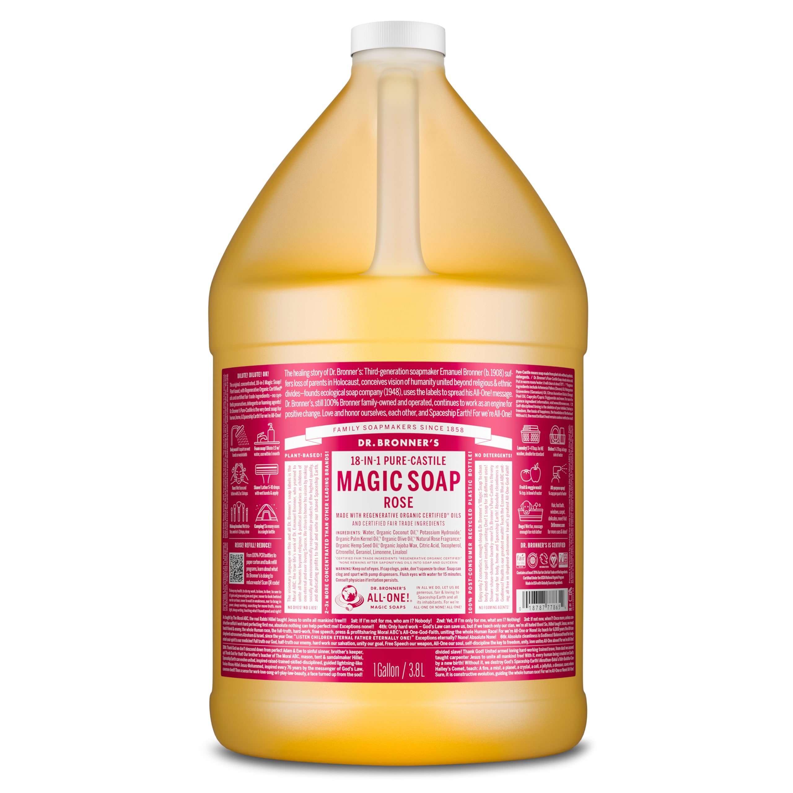 Dr. Bronner's Rose Pure-Castile liquid bottle showcases organic oils for gentle cleansing.