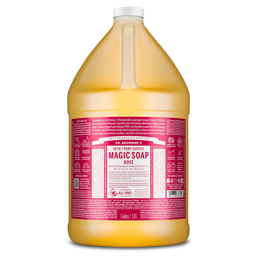 Dr. Bronner's Rose Pure-Castile liquid bottle showcases organic oils for gentle cleansing.