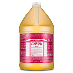 Dr. Bronner's Rose Pure-Castile liquid bottle showcases organic oils for gentle cleansing.
