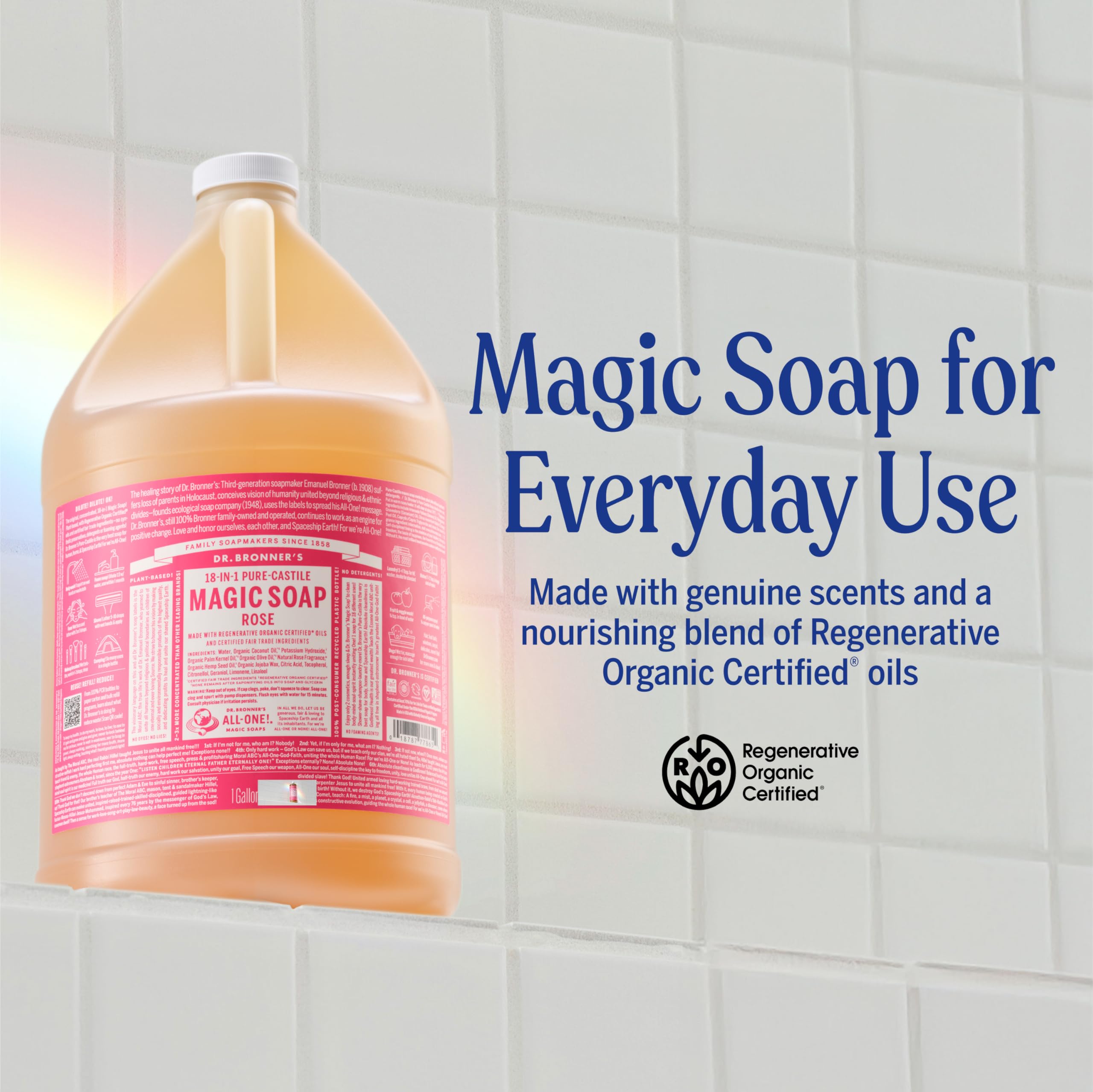 Dr. Bronner's Rose Pure-Castile liquid lather close-up for rich skin-friendly cleansing.