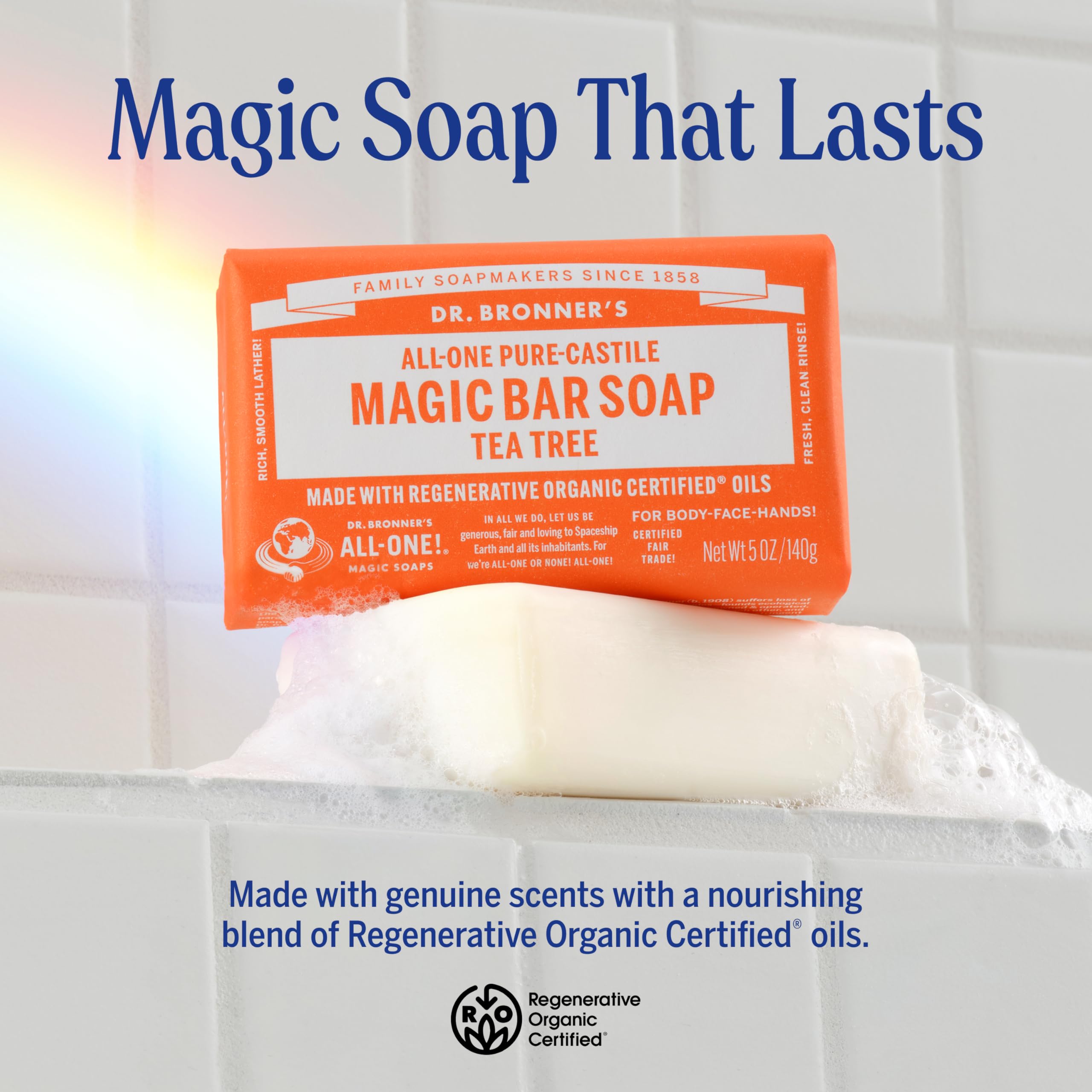 Dr. Bronner's Tea Tree Magic Bar close-up shows creamy lather