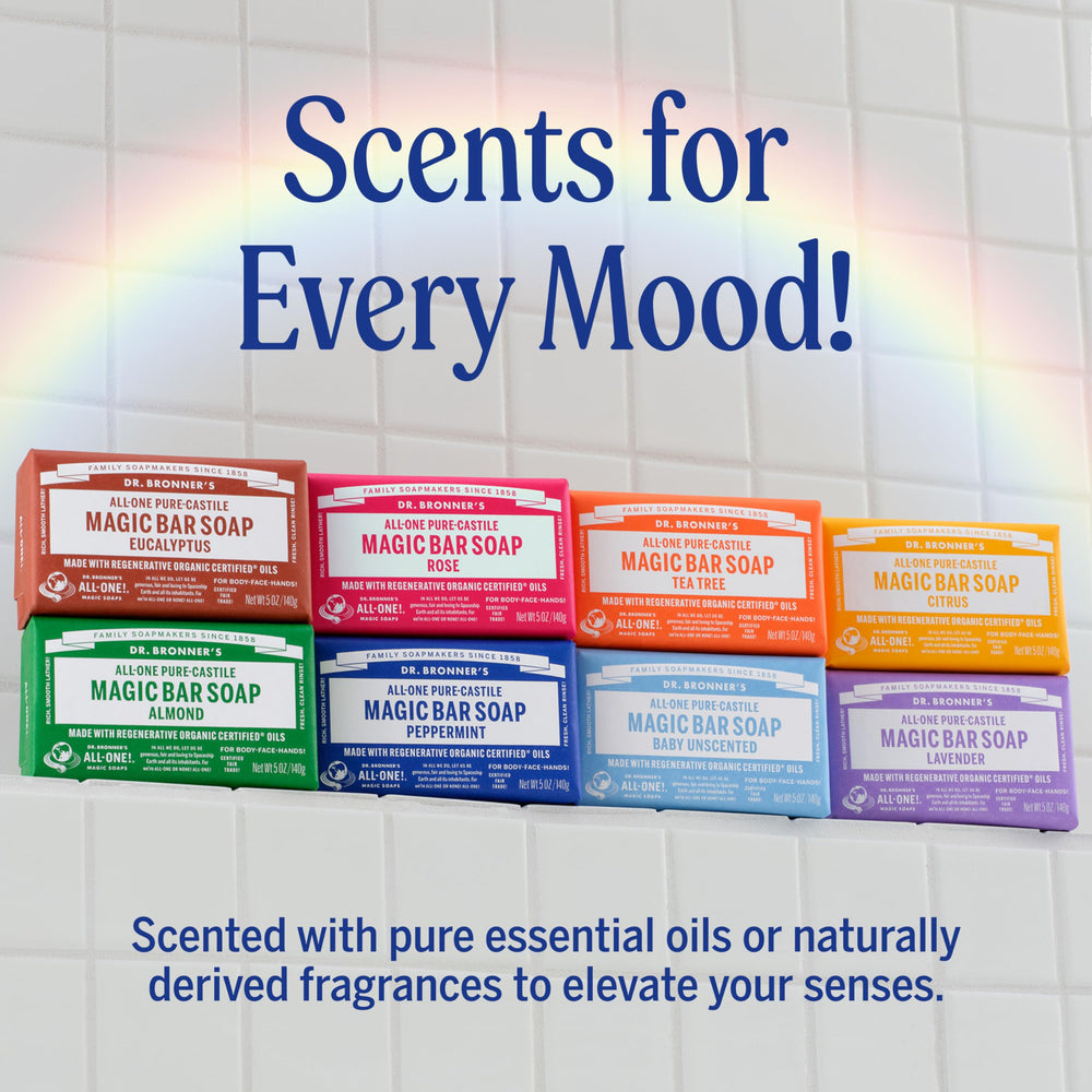 Dr. Bronner's Tea Tree bar soap ingredients photo emphasizing regenerative organic oils.