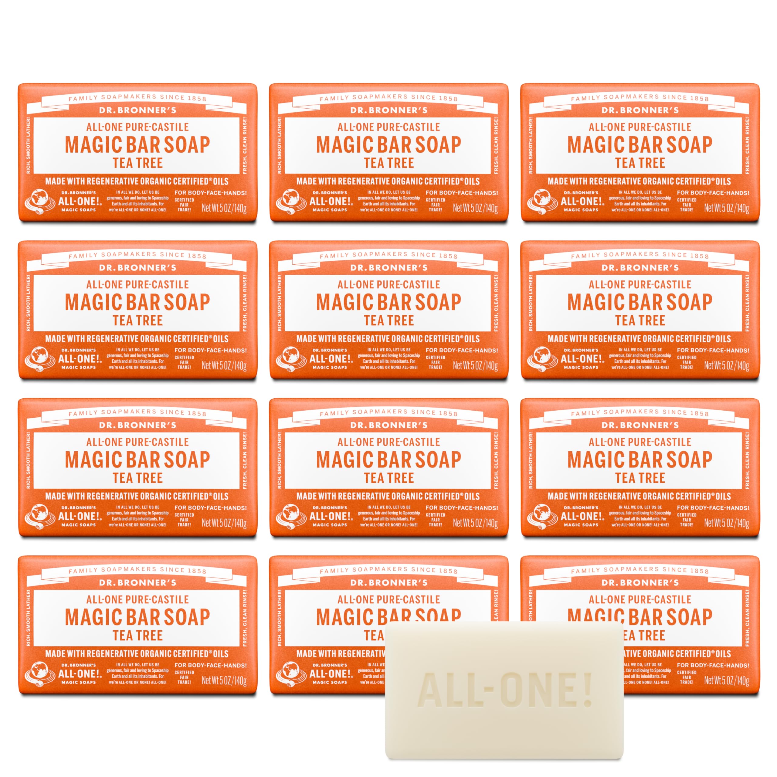 Dr. Bronner's Tea Tree bar soap packaging shows recycled wrap for eco-friendly skincare use.