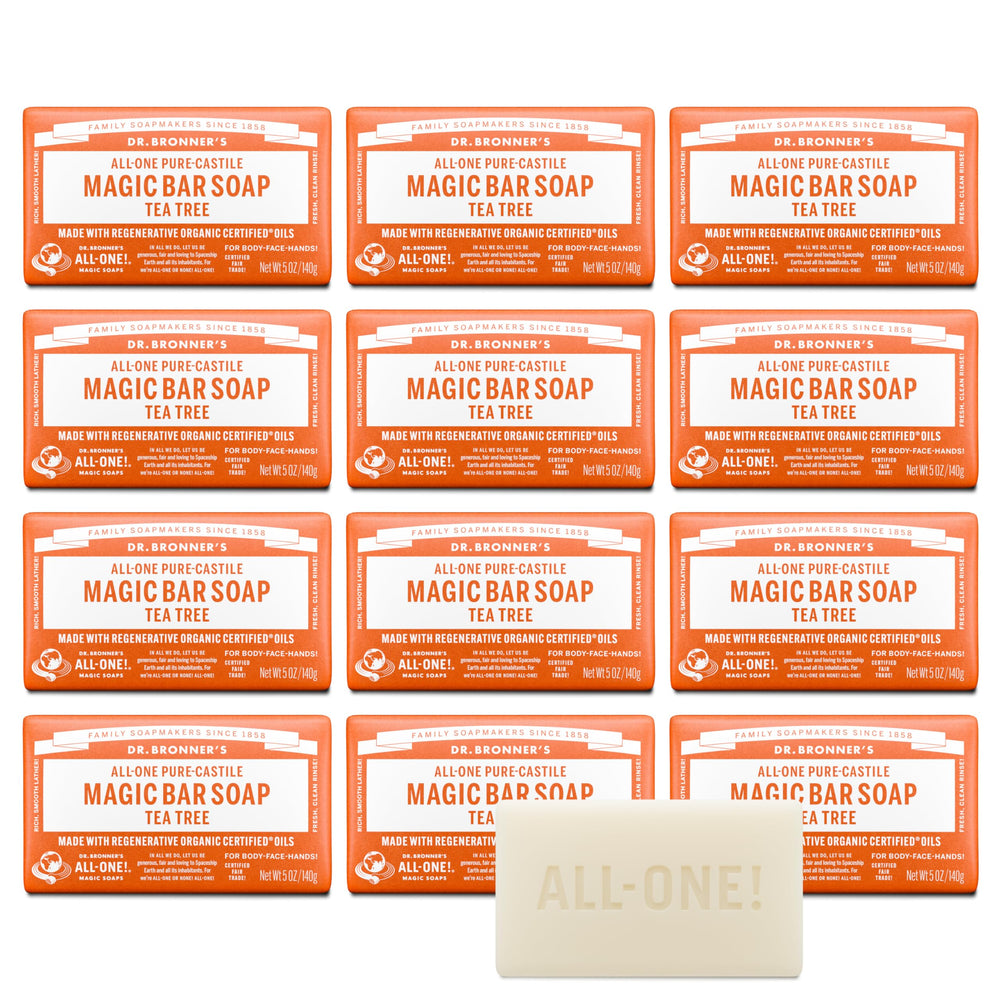 Dr. Bronner's Tea Tree bar soap packaging shows recycled wrap for eco-friendly skincare use.