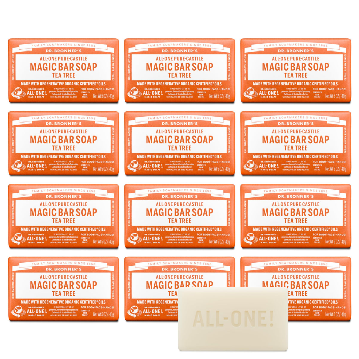 Dr. Bronner's Tea Tree bar soap packaging shows recycled wrap for eco-friendly skincare use.