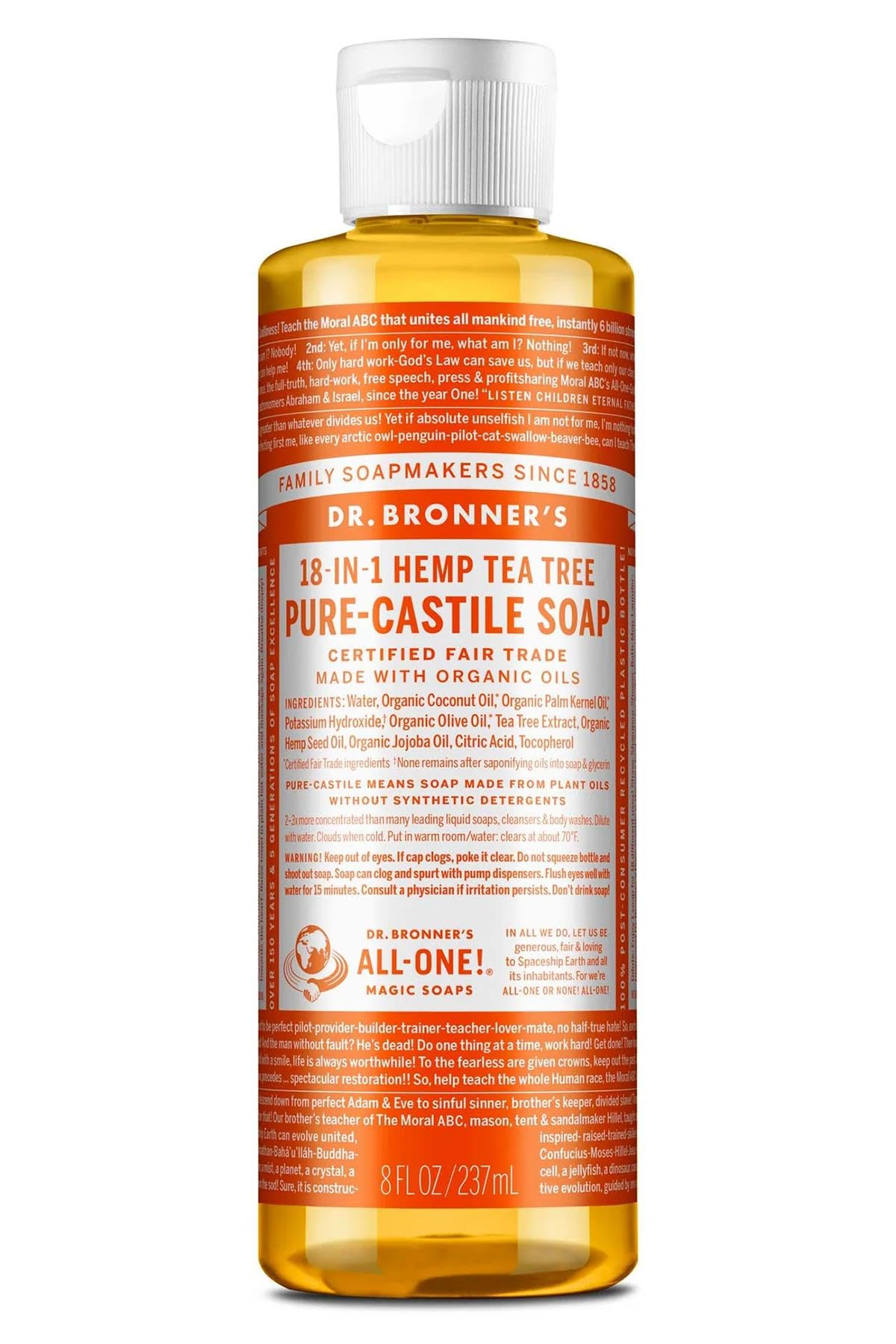 Dr. Bronner's Tea Tree Castile soap bottle pouring for versatile cleaning tasks