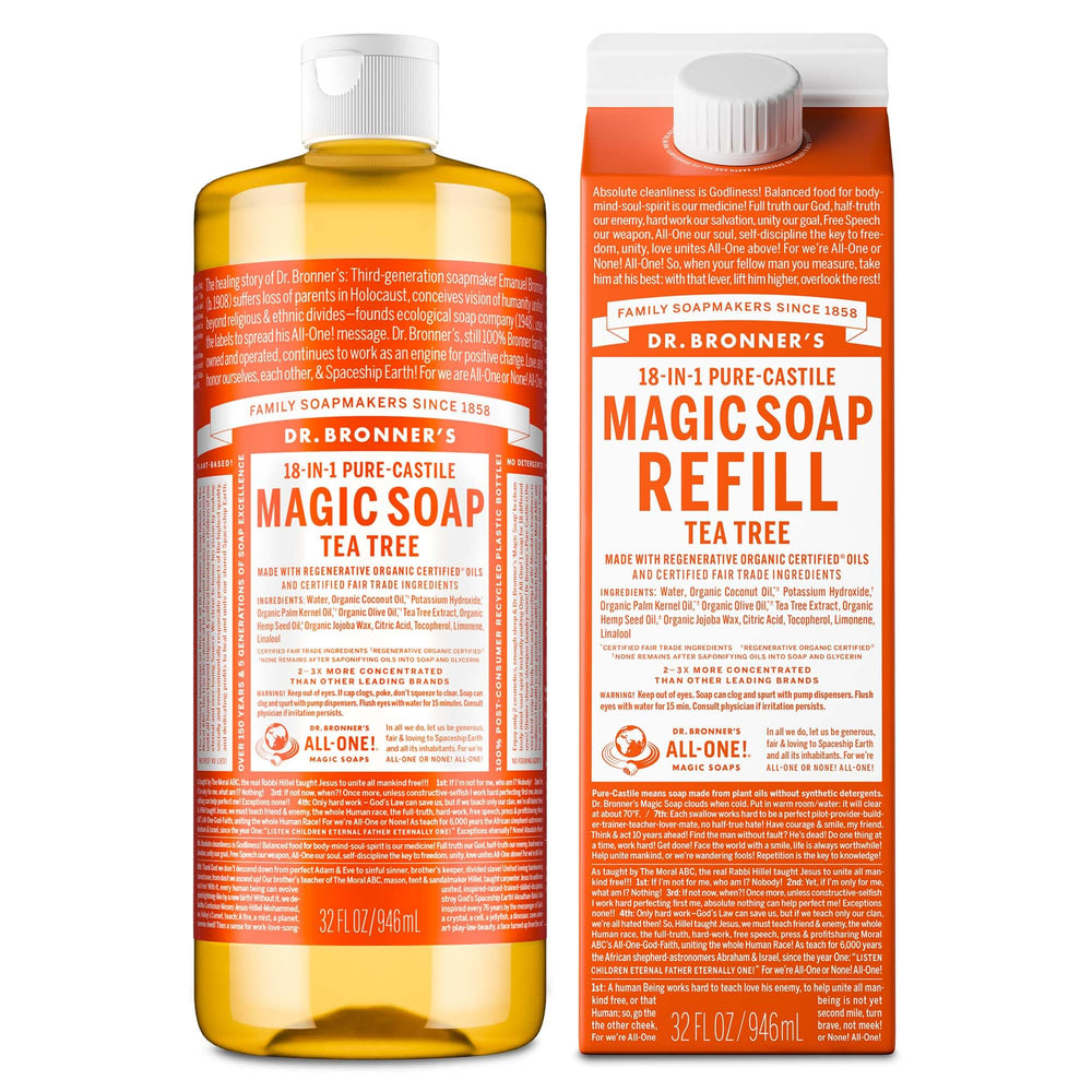 Dr. Bronner's Tea Tree Castile Soap pours with rich lather for body and hands