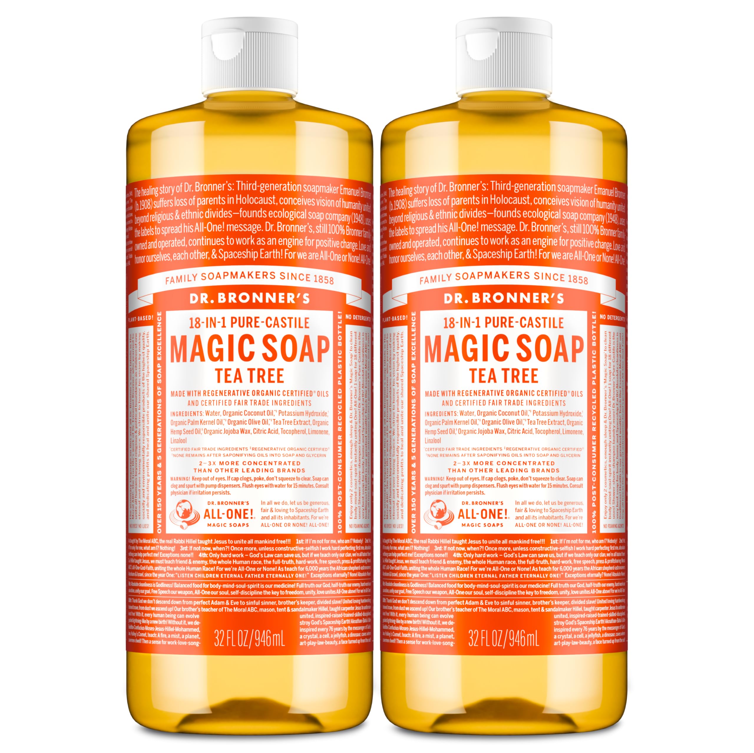Dr. Bronner's Tea Tree Liquid Soap bottle showing rich lather for body care.