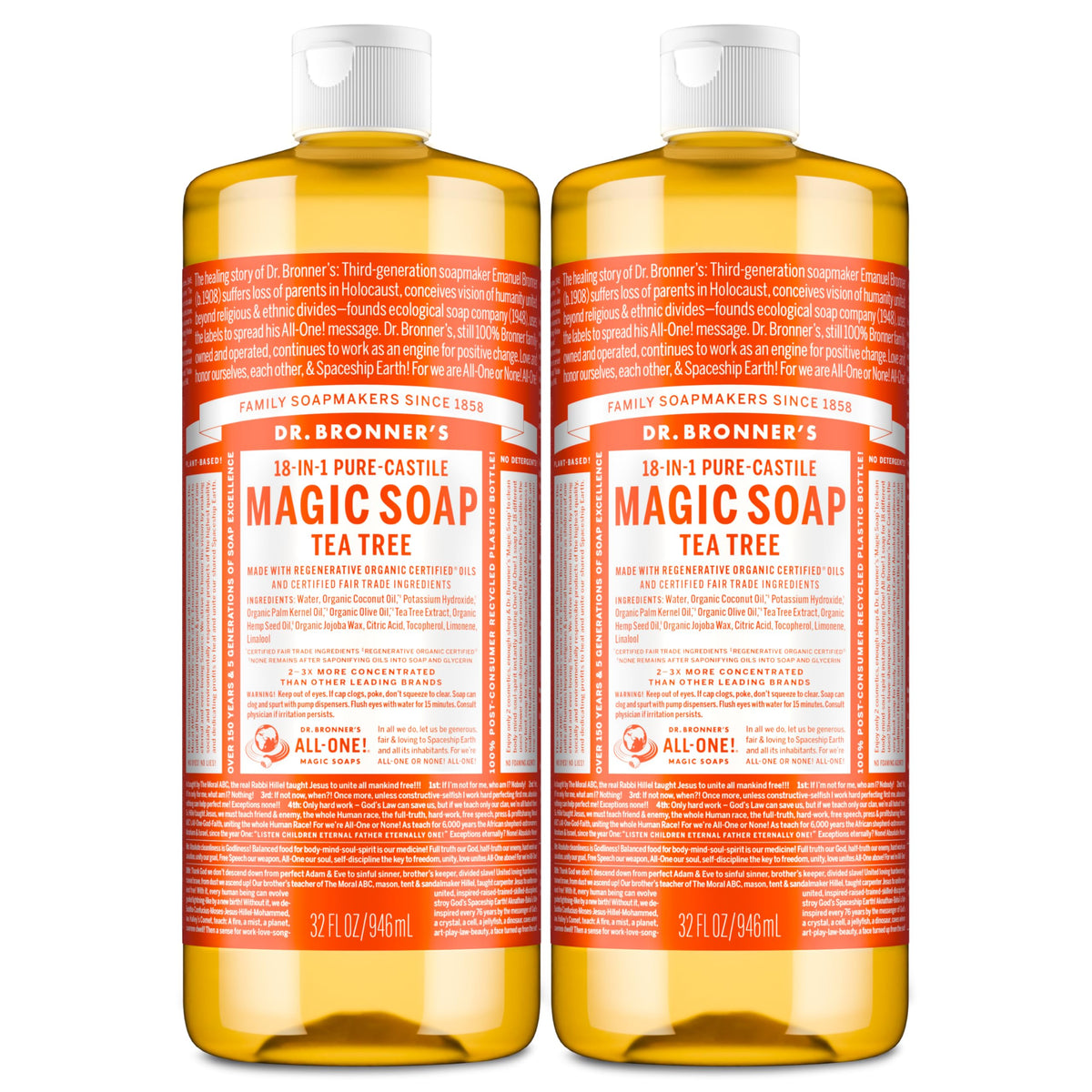 Dr. Bronner's Tea Tree Liquid Soap bottle showing rich lather for body care.