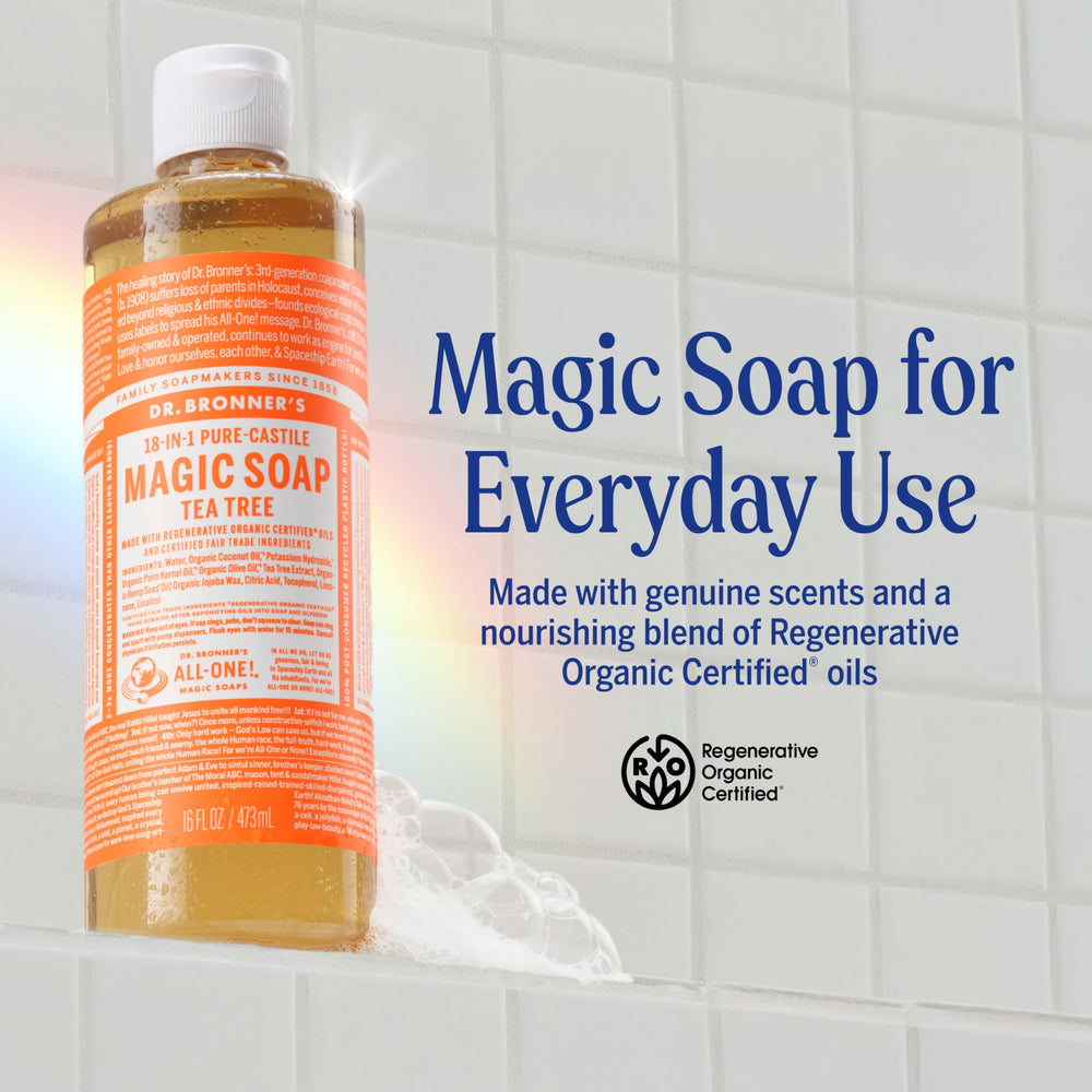 Dr. Bronner's Tea Tree Soap lather demonstrates cleansing hair and scalp.