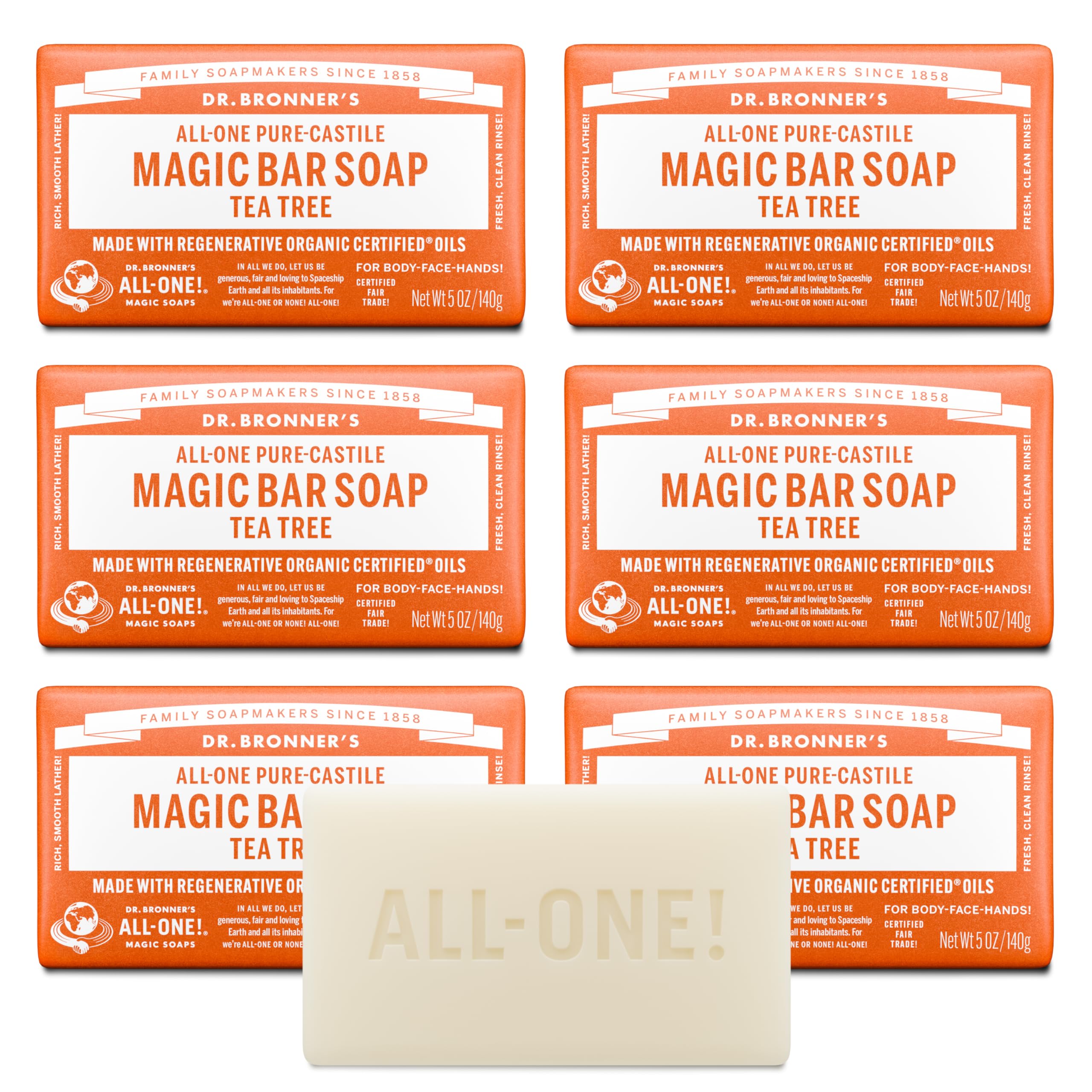 Dr. Bronner's Tea Tree Magic Bar pack6: rich lather for all-over cleansing
