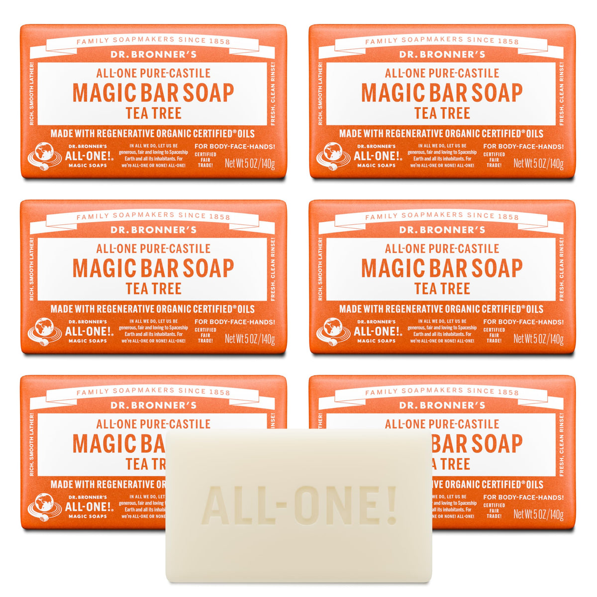 Dr. Bronner's Tea Tree Magic Bar pack6: rich lather for all-over cleansing