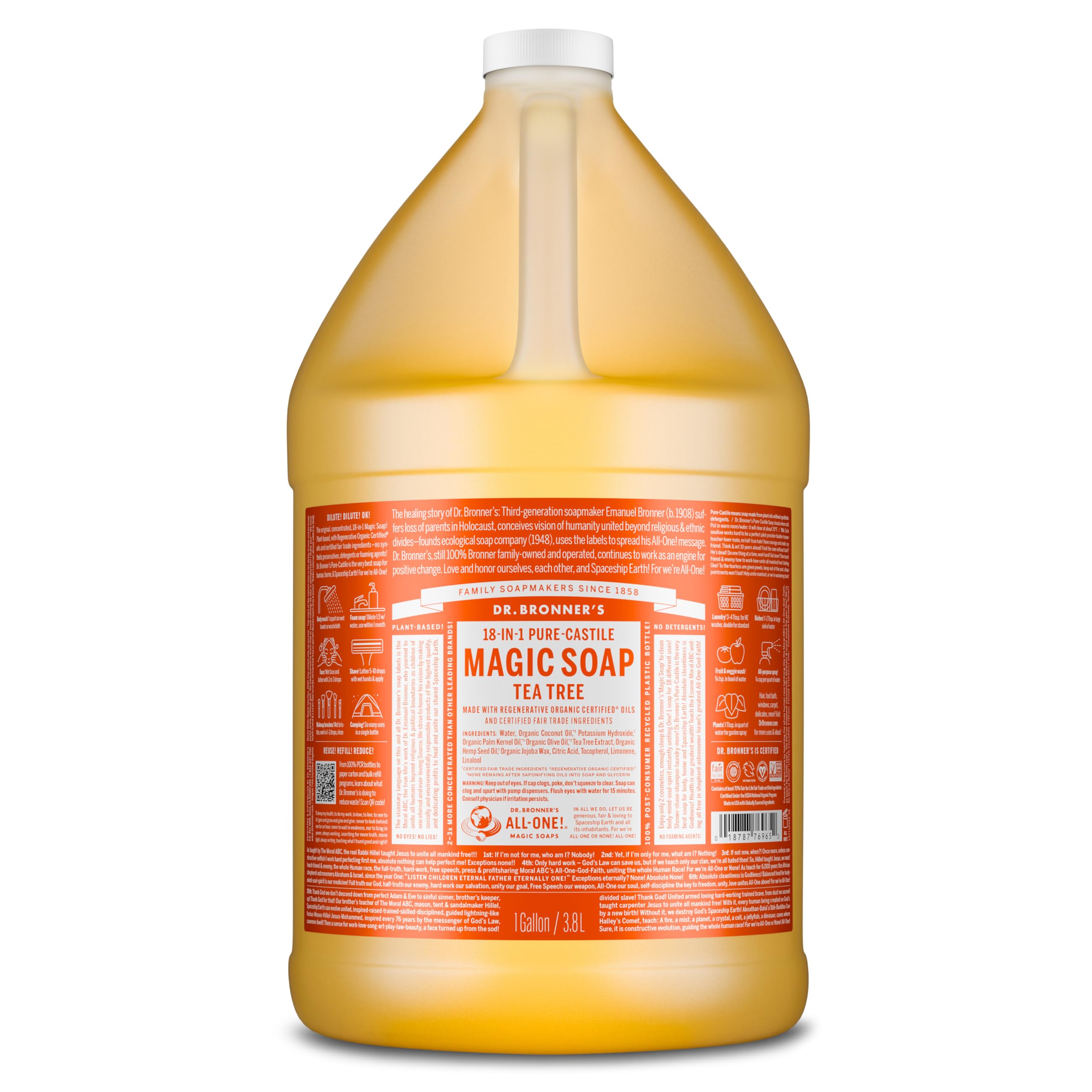 Dr. Bronner's Tea Tree Pure-Castile bottle pour for quick, versatile cleaning tasks.