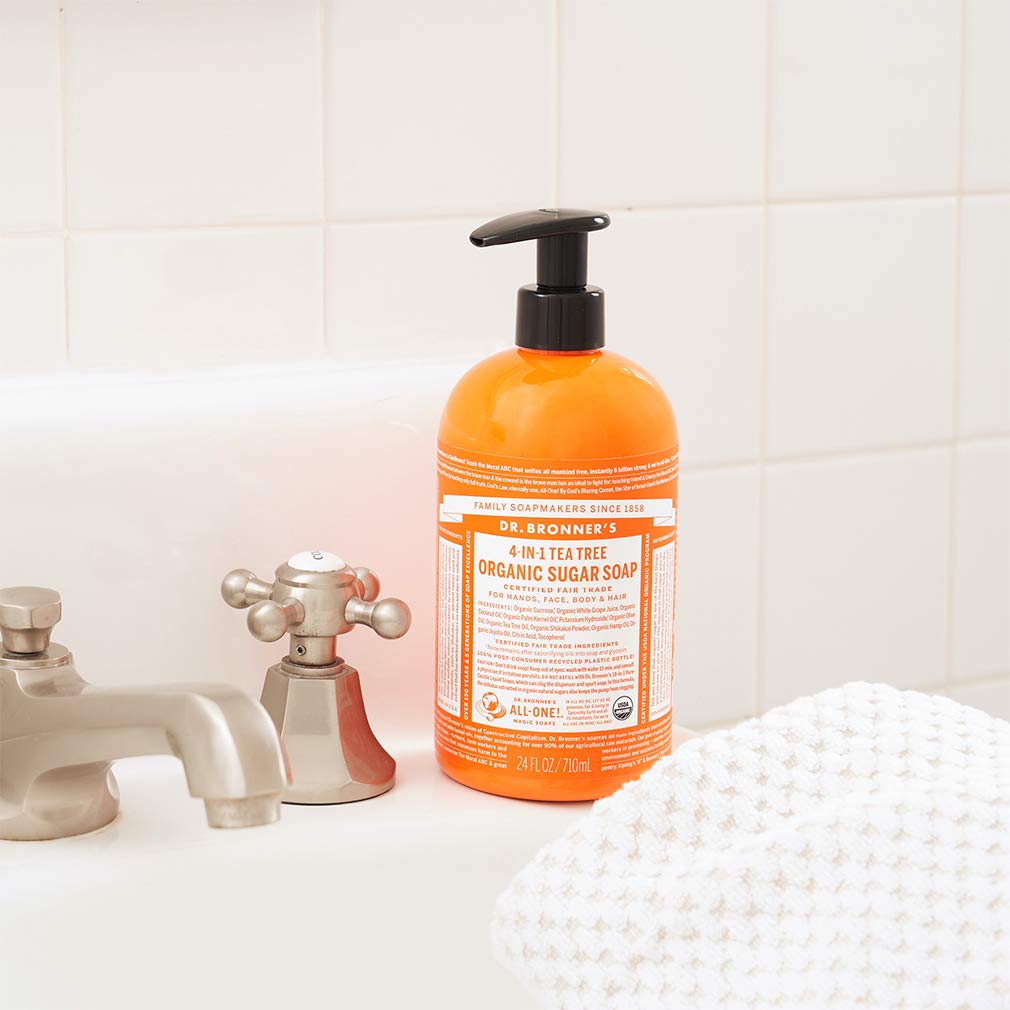 Dr. Bronner's tea tree soap foam close-up emphasizes gentle cleansing and fresh aroma.