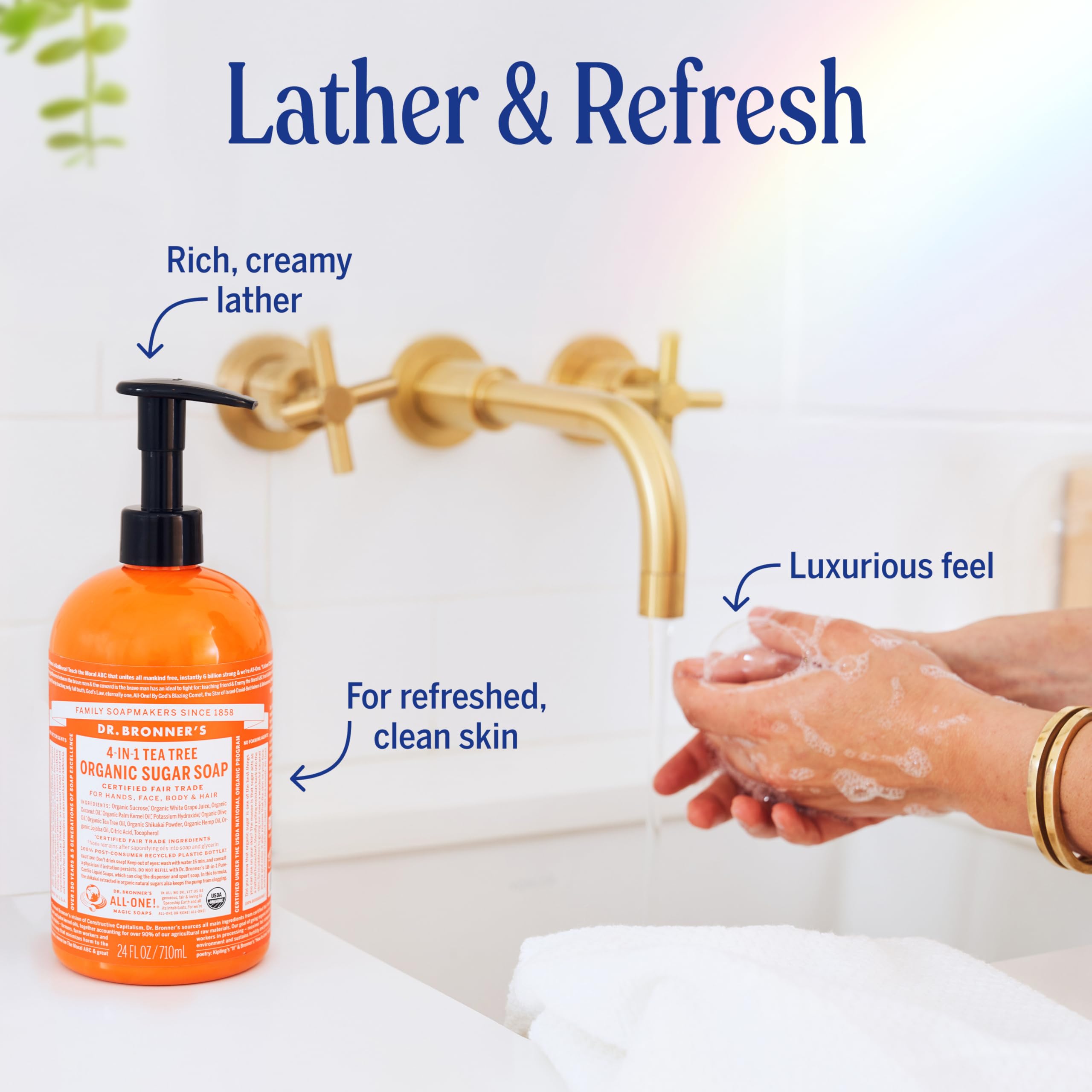 Dr. Bronner's Tea Tree Sugar Soap for body wash, nourishes while cleansing