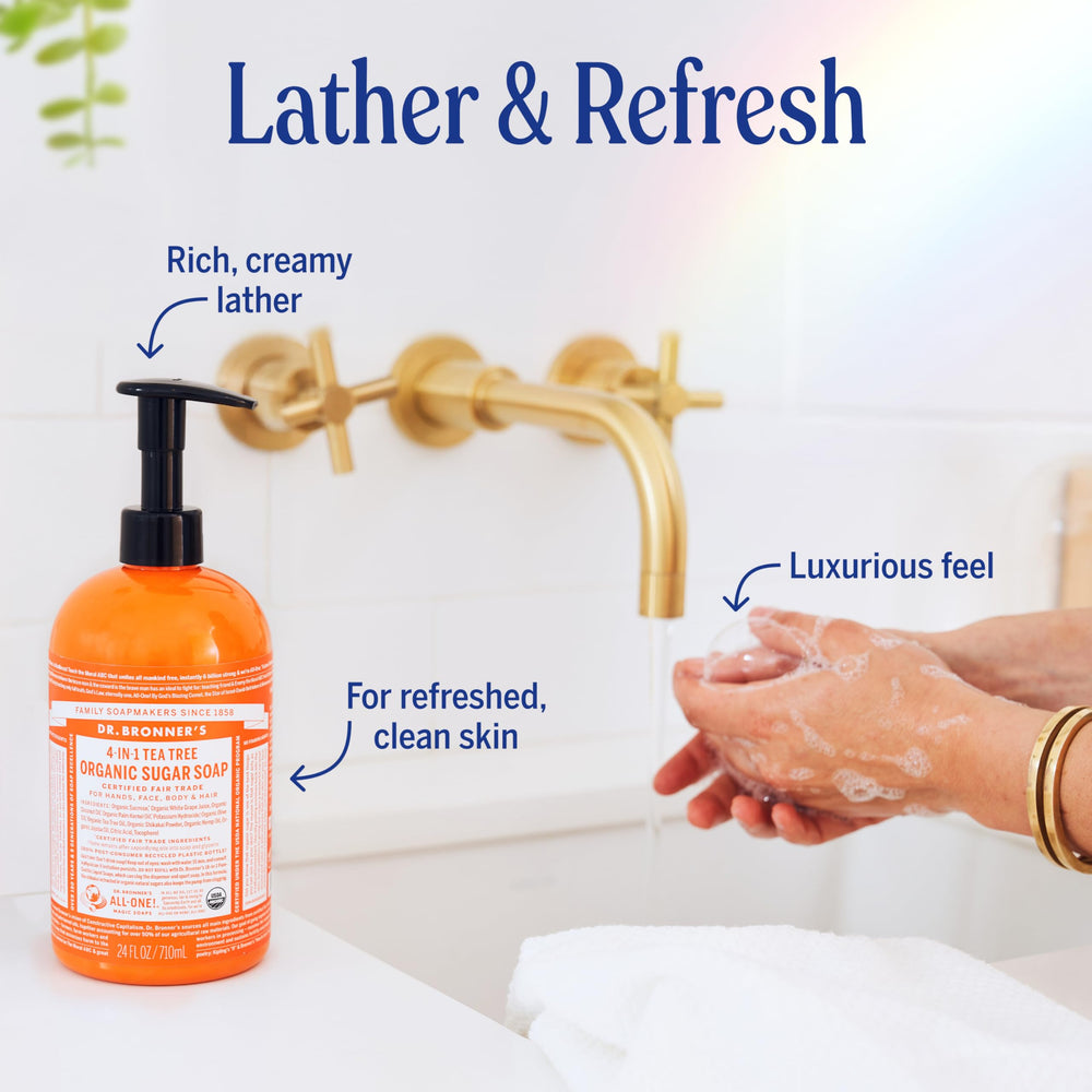 Dr. Bronner's Tea Tree Sugar Soap for body wash, nourishes while cleansing