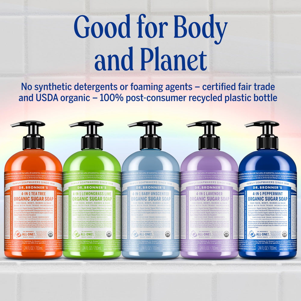 Dr. Bronner's Tea Tree Sugar Soap uses organic sugar and shikakai powder