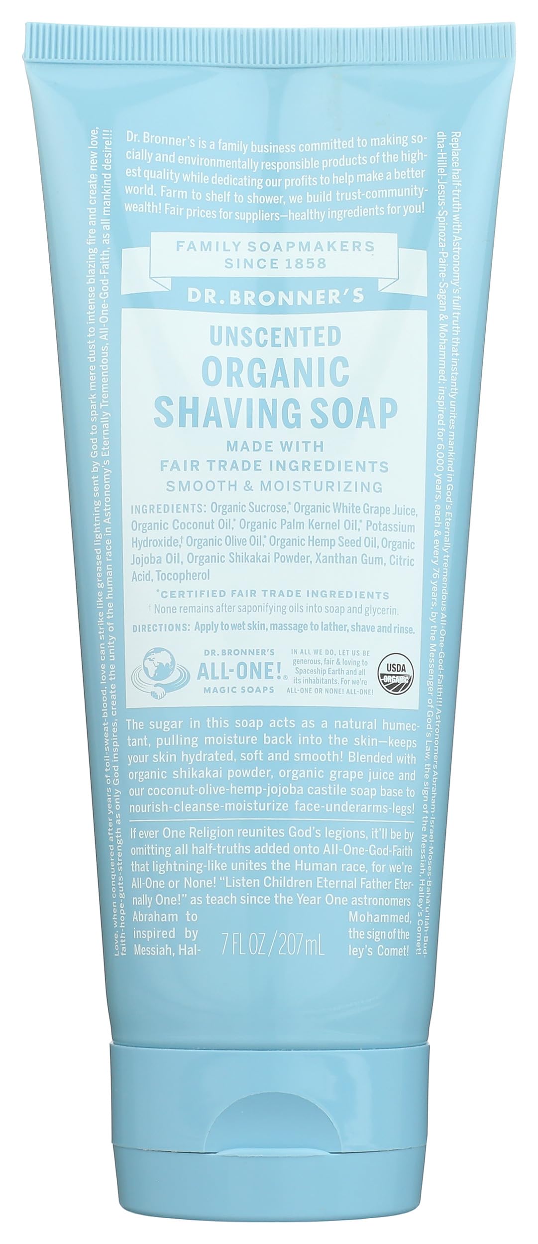 Dr. Bronner's unscented shaving soap tube for a comfortable, close shave.