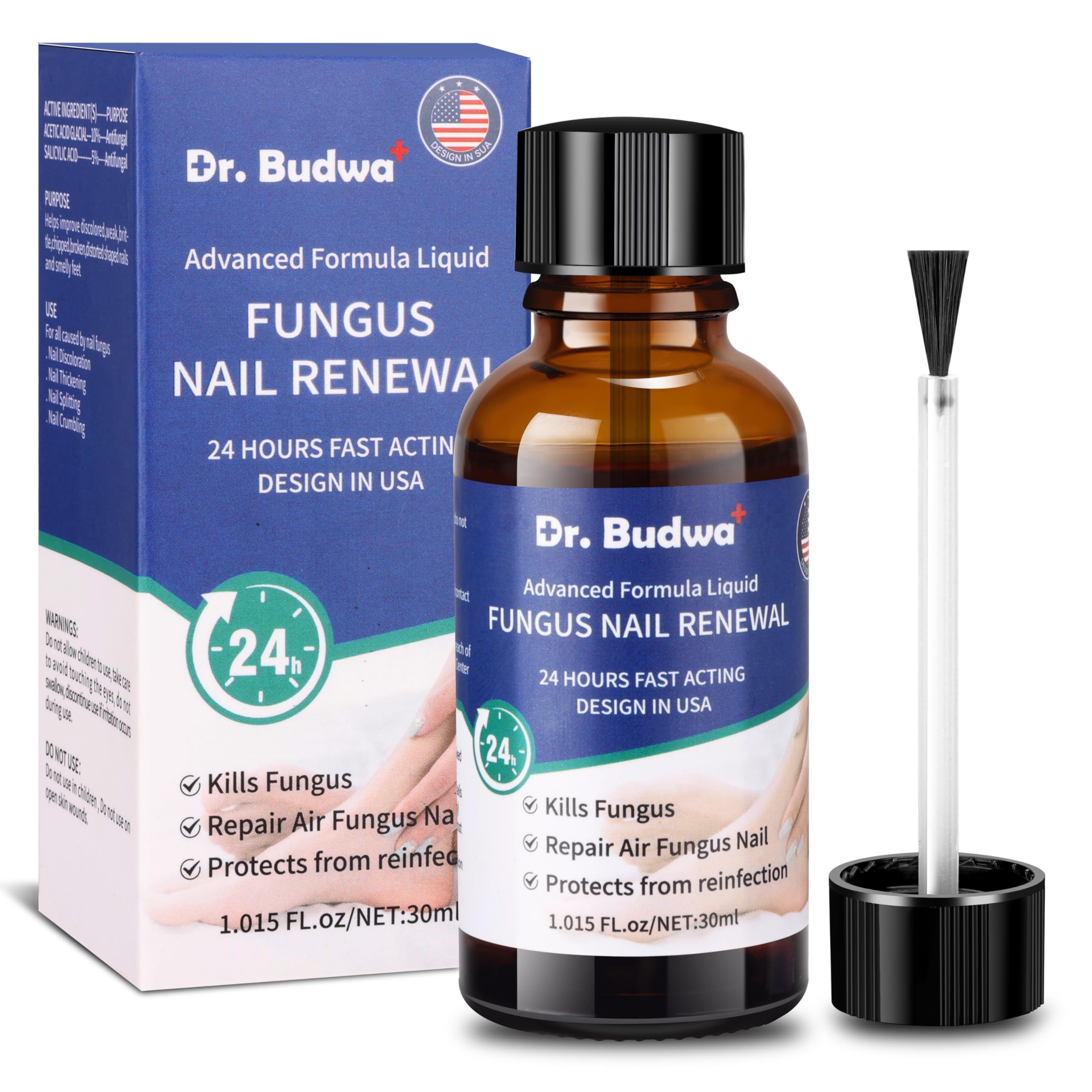 Dr Budwa toenail fungus treatment extra-strength bottle with precision brush for targeted nail care.