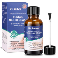 Dr Budwa toenail fungus treatment extra-strength bottle with precision brush for targeted nail care.